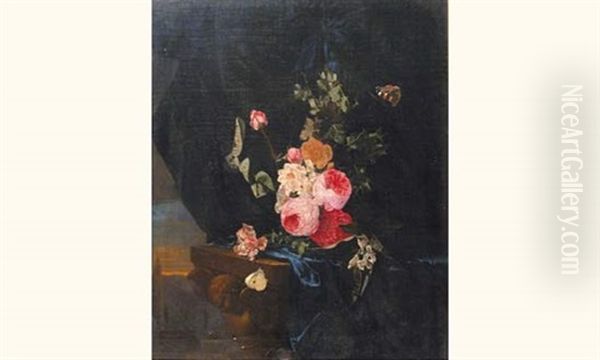 Nature Morte De Fleurs Retenues Par Un Ruban Bleu Au Dessus D'une Console Oil Painting by Ottmar Elliger the Elder