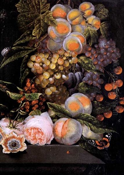 Natura Morta Con Pesche, Uva, Prugne, Ciliegie, Fiori E Farfalla Oil Painting by Ottmar Elliger the Elder