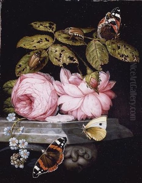 A Still Life With Sprigs Of Guelder-rose And Forget-me-not Resting On A Sculpted Marble Ledge, And Red Admiral Butterflies And A Cabbage White, And Large Bugs Oil Painting by Ottmar Elliger the Elder