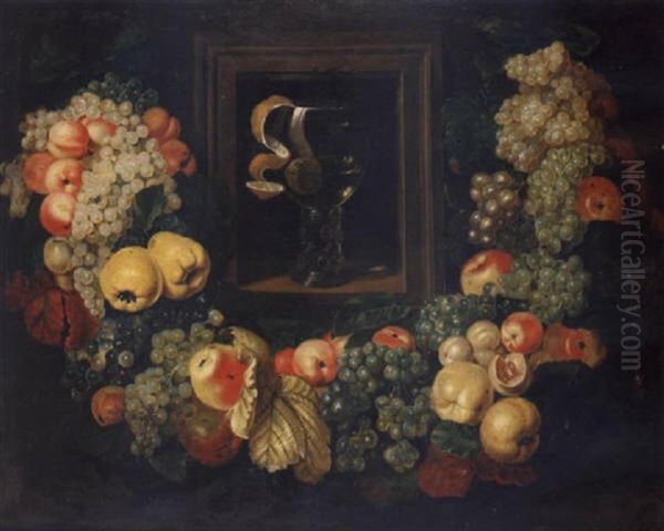 A Roemer Of White Wine With A Peeled Lemon Within A Trompe L'oeil Frame And Surrounded By A Swag Of Various Fruits, A Dragonfly And Other Insects Oil Painting by Ottmar Elliger the Elder