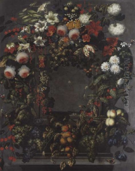 A Garland Of Lilles, Rose, Tulips And Other Flowers With Bunches Of Grapes On The Vine And Other Fruit Around A Stone Niche With A Spider Oil Painting by Ottmar Elliger the Elder