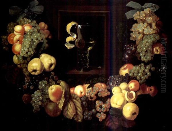 A Roemer Encased In A Niche Surrounded By A Garland Of Fruit Oil Painting by Ottmar Elliger the Elder