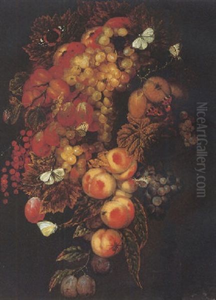 A Swag Of Grapes, Prunes, Peaches, Pomegranates With Butterflies And A Beetle Oil Painting by Ottmar Elliger the Elder