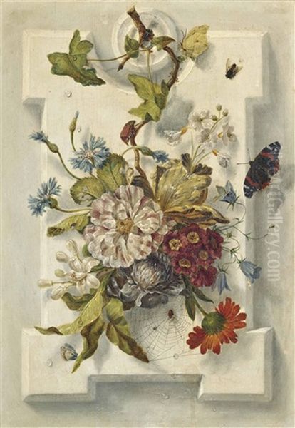 Parrot Tulips, Narcissi, Convolvulus And Other Flowers, With A Red Admiral Butterfly, A Beetle And Other Insects Oil Painting by Ottmar Elliger the Younger