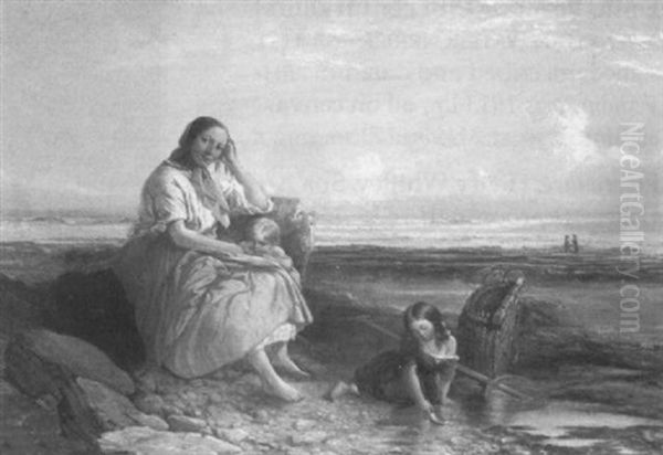 Mother And Children With Shrimping Nets, Seated On A Rocky Shore Oil Painting by Robinson Elliott