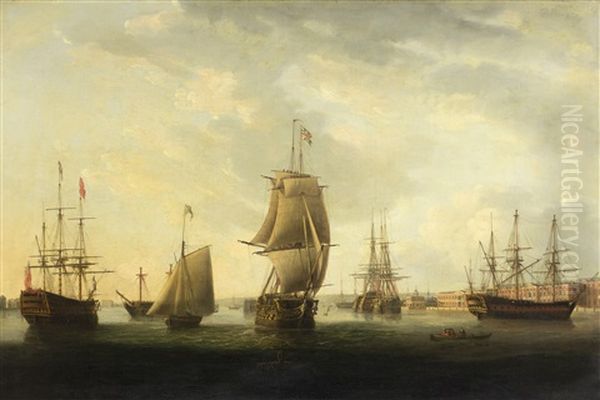 Men-o'-war In Portsmouth Harbour Oil Painting by Thomas (Captain) Elliott