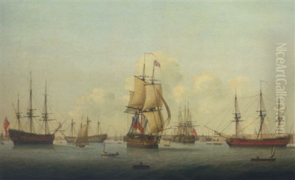 A Panorama Of Portsmouth Harbour, With A Flagship Of The Red Squadron Making Sail As She Departs Oil Painting by Thomas (Captain) Elliott