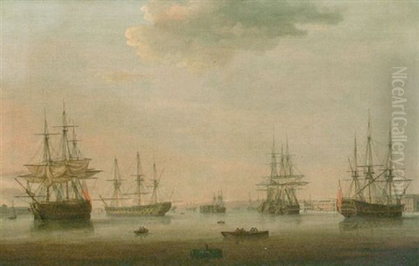 Men-o'-war In Portsmouth Harbour Oil Painting by Thomas (Captain) Elliott