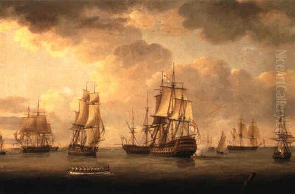 Vice-admiral Sir Allen Gardner In A Three-decker At Spithead Oil Painting by Thomas (Captain) Elliott