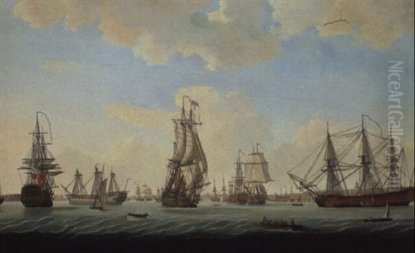 Panorama Of Portsmouth Harbour With The 'courageux'(?), 'lion'(?). . . Oil Painting by Thomas (Captain) Elliott