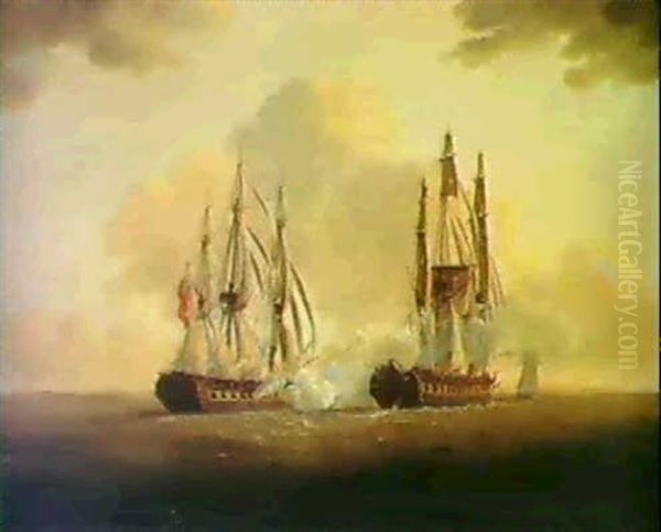 The Engagement Of H.m.s. Crescent [&] Reunion Off  Cherbourg Oil Painting by Thomas (Captain) Elliott