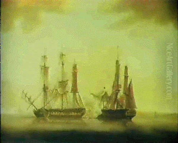 The Engagement Of H.m.s.crescent  Reunion Off The Coast Of Guernsey Oil Painting by Thomas (Captain) Elliott