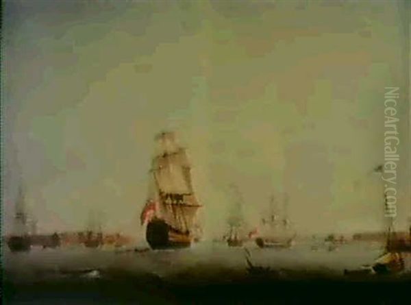 A British Man Of War And Other Shipping In Portsmouth       Harbour Oil Painting by Thomas (Captain) Elliott