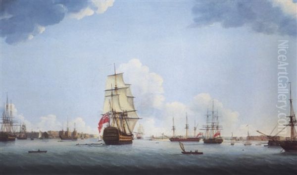 Man O'war In Portsmouth Harbour Oil Painting by Thomas (Captain) Elliott