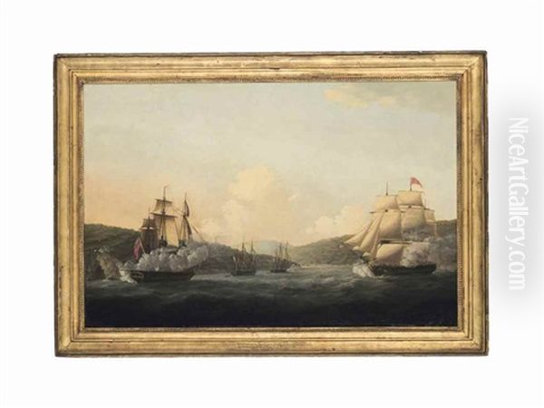 The Capture Of The 32-gun French Frigate Amiable And The Corvette Ceres After Their Encounter With Sir Samuel Hood In The Barfleur, With The Valiant And The Magnificent, In The Mona Passage, 19 April 1782 Oil Painting by William Elliott