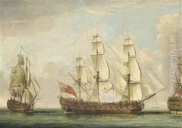 The Honourable (east India) Company's Ship Bessborough In Three Positions In The Channel With Her Decks Crowded With People Oil Painting by William Elliott