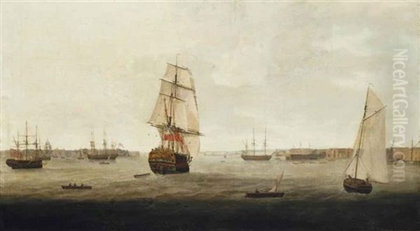 The Third Rate H.m.s. Theseus Heading Out Of The Harbour At Portsmouth Oil Painting by William Elliott