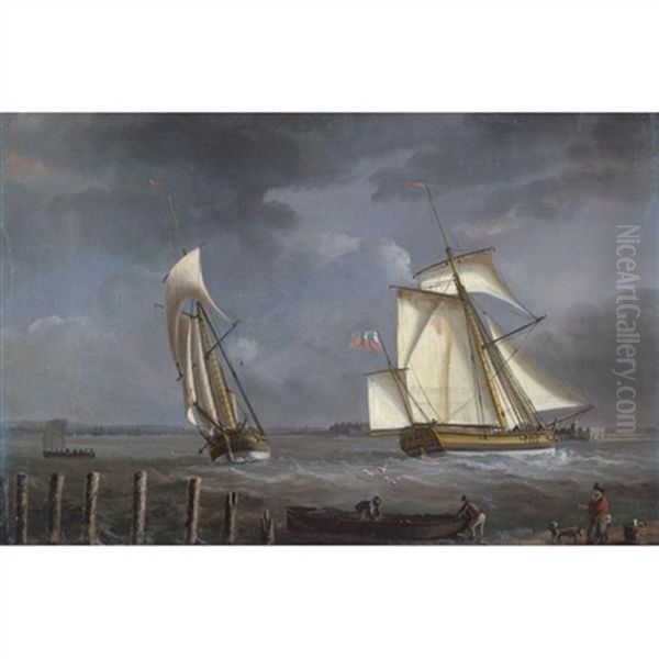 A Vessel In Two Positions Approaching Portsmouth Harbour Oil Painting by William Elliott