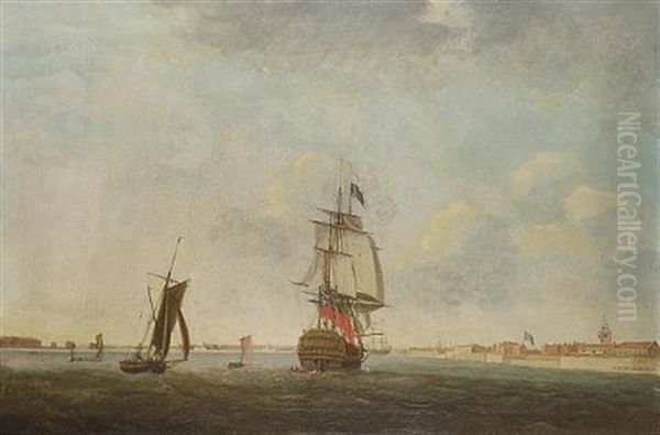 A Man-o'war Heading Into Portsmouth Harbour Oil Painting by William Elliott