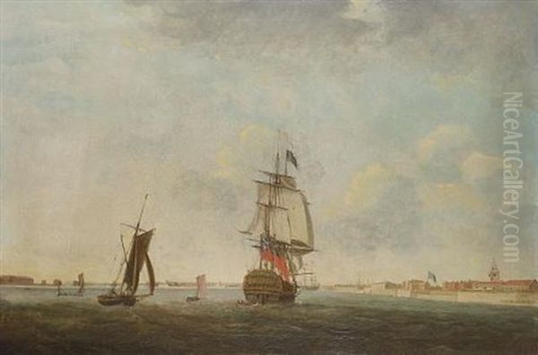 A Man-o' War Heading Into Portsmouth Harbour Oil Painting by William Elliott