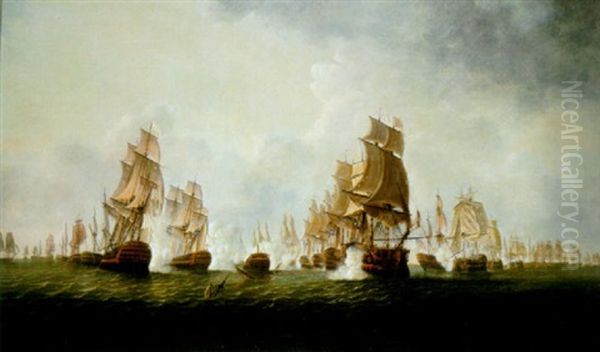 A Large Scale Anglo-french Naval Engagement (the Battle Of The Saintes?) Oil Painting by William Elliott