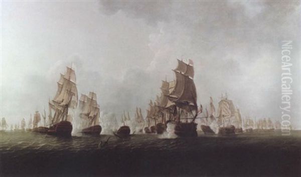 A Large Scale Anglo-french Naval Engagement (the Battle Of The Saintes?) Oil Painting by William Elliott