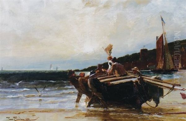 Hauling The Boat Oil Painting by Edwin John Ellis