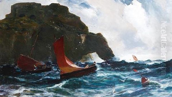 Boats Passing The Durdle Door, Dorset Oil Painting by Edwin John Ellis