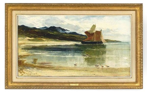 A Boat Moored In A Cove, Seagulls In The Foreground Oil Painting by Edwin John Ellis