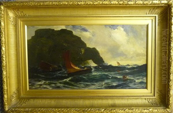 Figures In Fishing Boats Off A Rocky Coastline Oil Painting by Edwin John Ellis