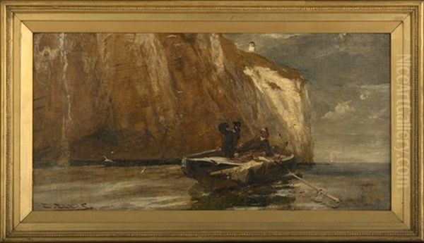 Fisher Folk In A Beached Boat Near A Cliff Oil Painting by Edwin John Ellis