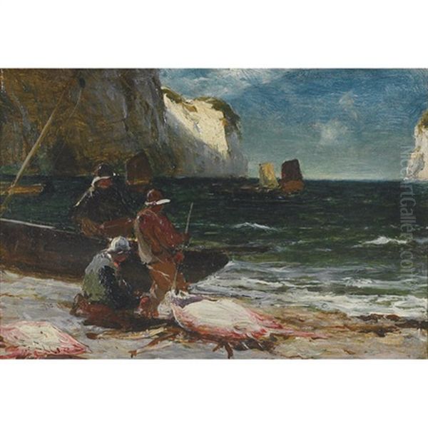 Landing Fish - Hauling From North Landing Flamborough (+ Robin Hood's Bay, Yorkshire; 2 Works) Oil Painting by Edwin John Ellis