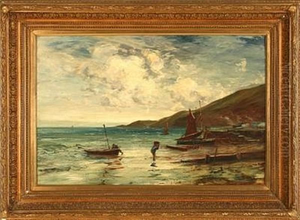 Fishermen On The Beach Oil Painting by Edwin John Ellis