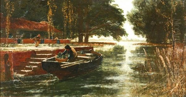 Steg Am Fluss Mit Boot Und Marktfrauen Oil Painting by Edwin John Ellis