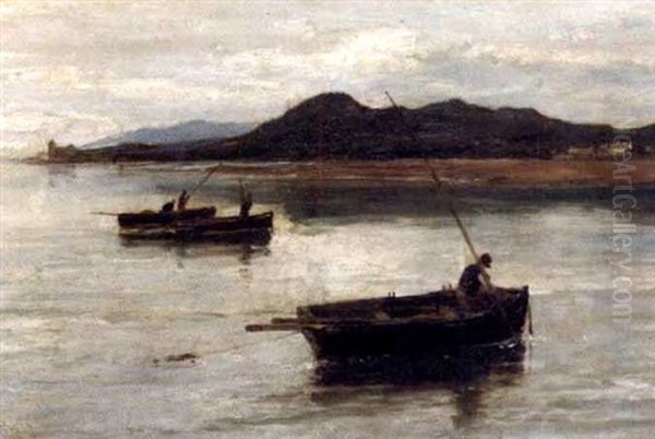 Fishing Boats Off The Shore Oil Painting by Edwin John Ellis