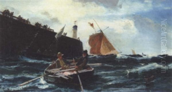 Fisherman Making For Shore In A Dingy Oil Painting by Edwin John Ellis