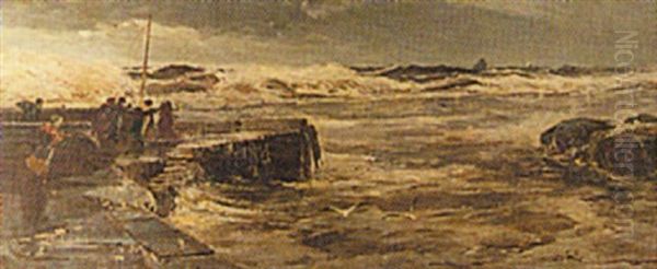 View Of Rough Seas From The Pier Oil Painting by Edwin John Ellis