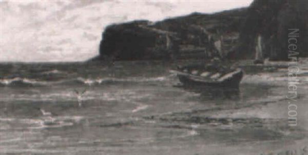 A Rowing Boat On A Beach With A Harbour Beyond Oil Painting by Edwin John Ellis