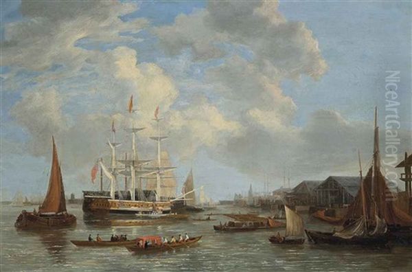 Royal Sovereign Lying Off The Dockyard At Deptford With King George Iv In Attendance Oil Painting by Joseph Francis Ellis