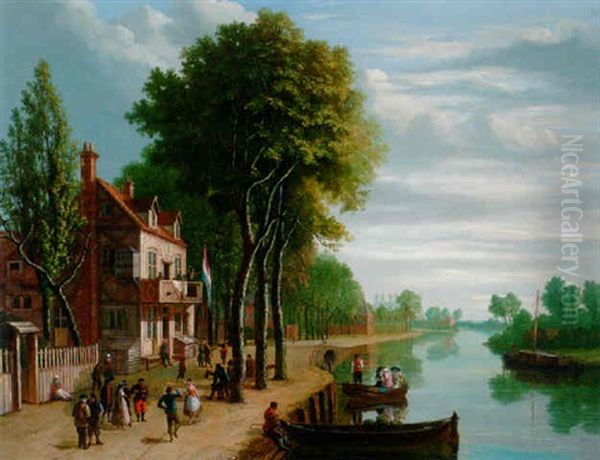 Dutch Figures Merrymaking On The Bank Or A River Oil Painting by Joseph Francis Ellis