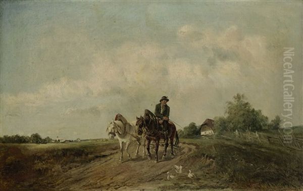 Bauer Mit Zwei Pferden Auf Der Landstrase Oil Painting by Ignaz Ellminger