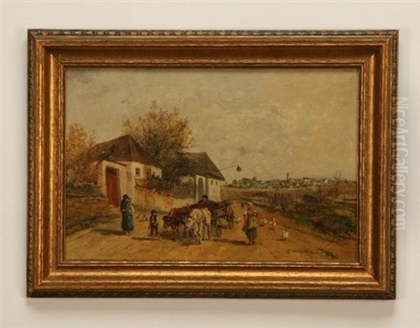 Village Scene Oil Painting by Ignaz Ellminger