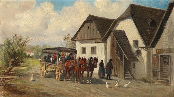 Auf Der Dorfstrasse Bzw. Die Uberfuhr Oil Painting by Ignaz Ellminger