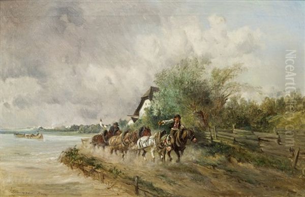 Treidelpferde Am Flussufer Oil Painting by Ignaz Ellminger