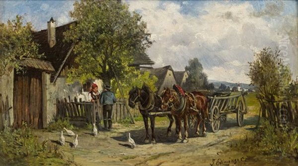 Pferdefuhrwerk Vor Einem Bauernhaus Oil Painting by Ignaz Ellminger