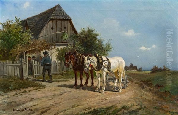 Pferdefuhrwerk Vor Einem Heurigen Oil Painting by Ignaz Ellminger