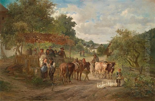 Dorfidylle Oil Painting by Ignaz Ellminger