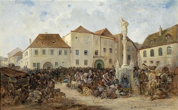 Schweinemarkt In Pulkau Oil Painting by Ignaz Ellminger