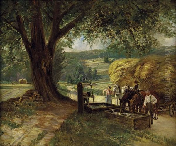 Heuernte - Rast Bei Der Tranke Oil Painting by Ignaz Ellminger