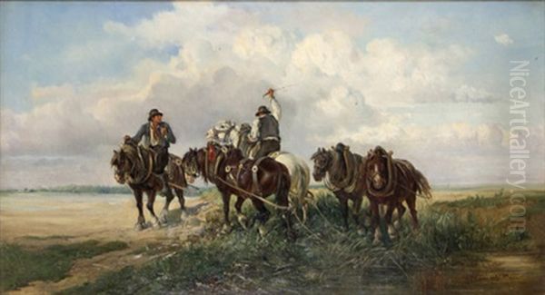 In Weiter Donaulandschaft Zwei Bauern Ihre Pferde An Die Tranke Fuhrend Oil Painting by Ignaz Ellminger